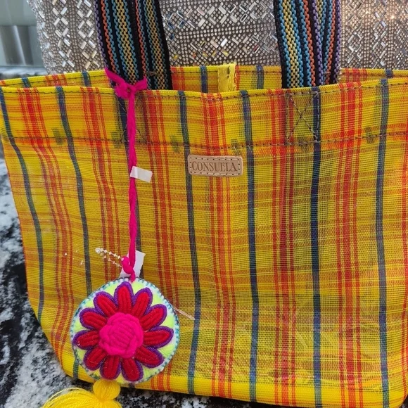Consuela Yellow Plaid Tote with Pink Floral Tassel Charm - Picture 3 of 5